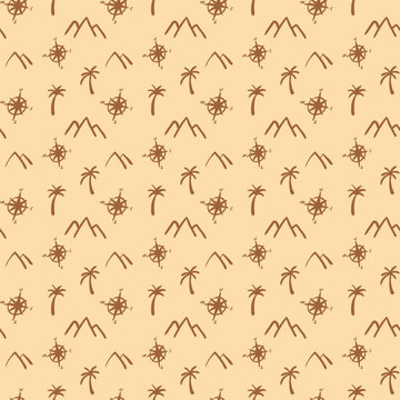 Travel and adventure seamless pattern in simple sketch style. Hand-drawn elements, mountains, palm trees, compasses. Perfect for textiles, wallpapers, packaging and wrapping paper. Vector illustration