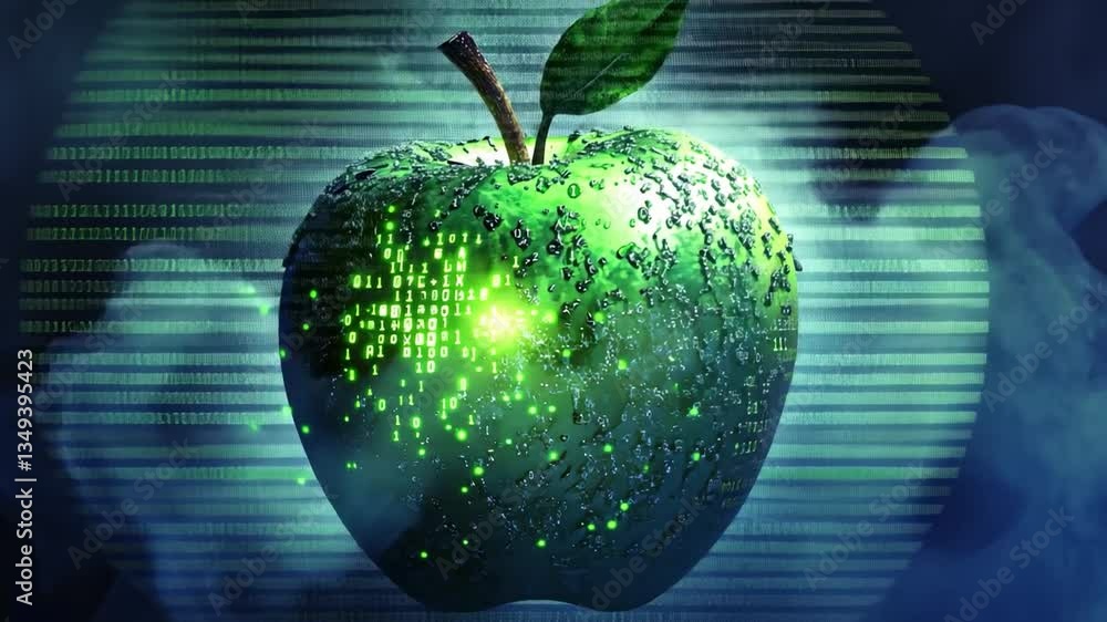 Poster green apple with binary code design, symbol of technology and health, surrounded by mist, representi
