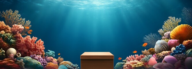 A coral and seashell podium positioned on the right, surrounded by vibrant marine life in an underwater setting.