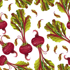 Beetroot seamless pattern on white background. Digital art, oil imitation. Autumn harvest, healthy food. Print for fabric and wrapping paper.