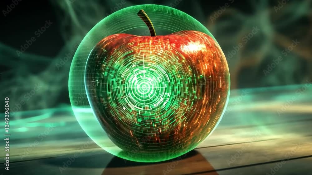 Poster futuristic digital apple with glowing patterns and modern technology elements on a dark background, 