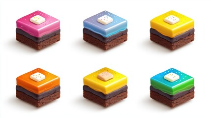 Colorful layered desserts on a white isolated background.