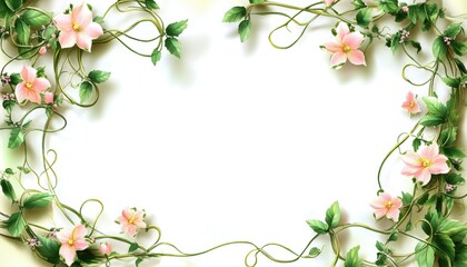 Floral Frame with Delicate Pink Flowers and Green Vines on White Background