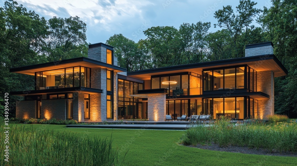 Poster modern architectural residence nestled within a serene landscape setting, featuring clean lines and 