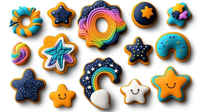 Colorful decorated cookies, star and rainbow shapes, white isolated background