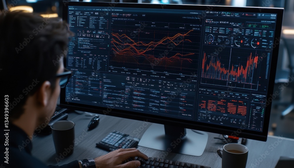 Aufkleber focused businessman analyzing financial data on a large computer screen in a dimly lit office at nig