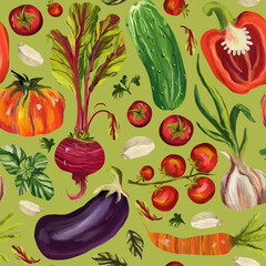 Seamless pattern vegetables on a green background. Digital art, imitation oil. Autumn harvest, healthy food. Print for fabric and wrapping paper.