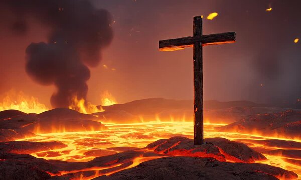 A wooden cross stands in a fiery hellscape of flowing lava and ominous atmosphere.
