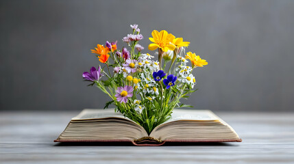 Colorful Flowers Growing From Open Book On Wooden Table