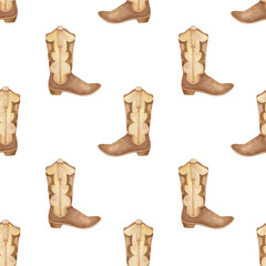 Cowboy boots. Watercolor seamless pattern for textiles and wrapping paper