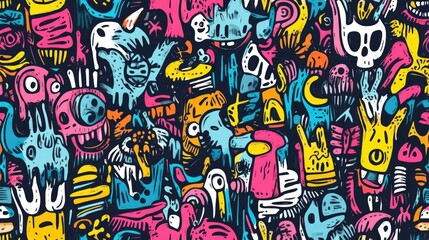 Vibrant abstract illustration featuring a chaotic blend of colorful cartoonish characters and skulls in a whimsical design