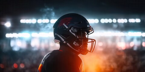 Football Player in Helmet at Night Stadium