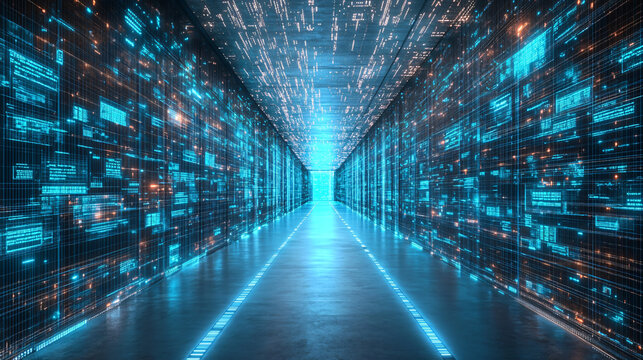 A server room filled with numerous servers highlighting the complexity of matrix factorization and data processing in mathematical research.