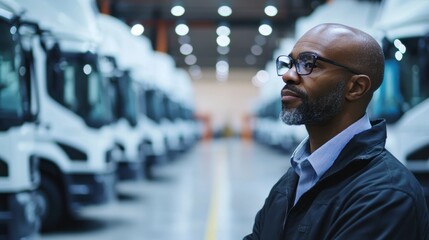 Obraz premium Thoughtful man in a warehouse with trucks.