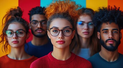 Diverse group of young adults wearing glasses, posing against a vibrant multicolored background