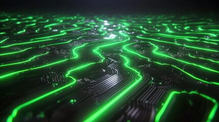 Obraz premium Glowing green lines on dark surface, resembling circuitry. Abstract digital art