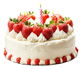 Cake with Strawberries and Candle. Sweet dessert for celebration event on isolated on Transparent Background. AI generative