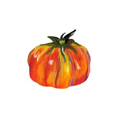 Tomato on isolated white background. Digital art, oil imitation. Autumn harvest, healthy food.