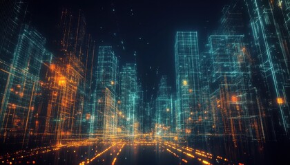 Fototapeta premium Futuristic City Nightscape with Glowing Blue and Orange Lights