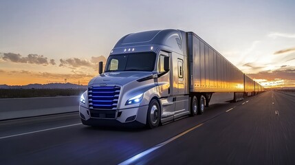 Obraz premium Sleek semi-truck driving on highway at sunset.