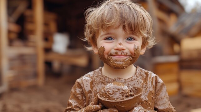 Happy toddler covered in mud, holding a mud pie.  Pure joy