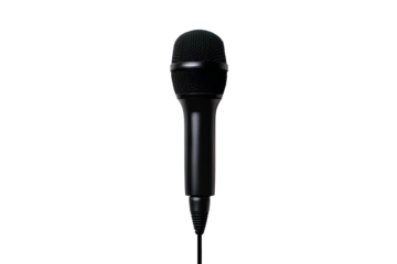 Microphone with cable on black background, singing, speaking, cut out transparent