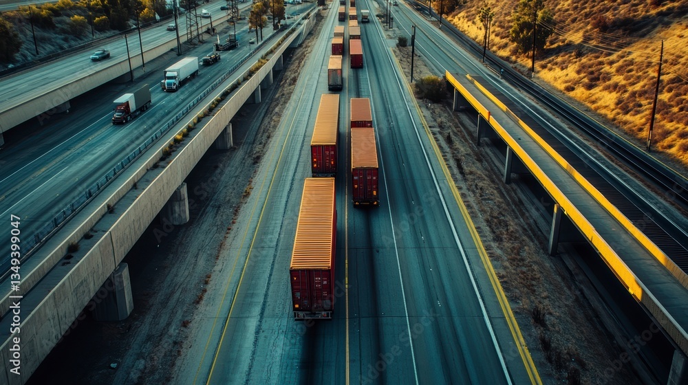 Poster Aerial view of highway with multiple semi-trucks transporting cargo.