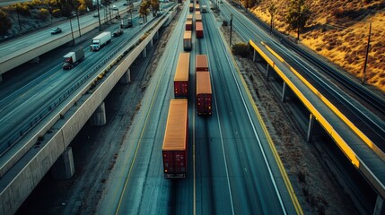 Aerial view of highway with multiple semi-trucks transporting cargo.