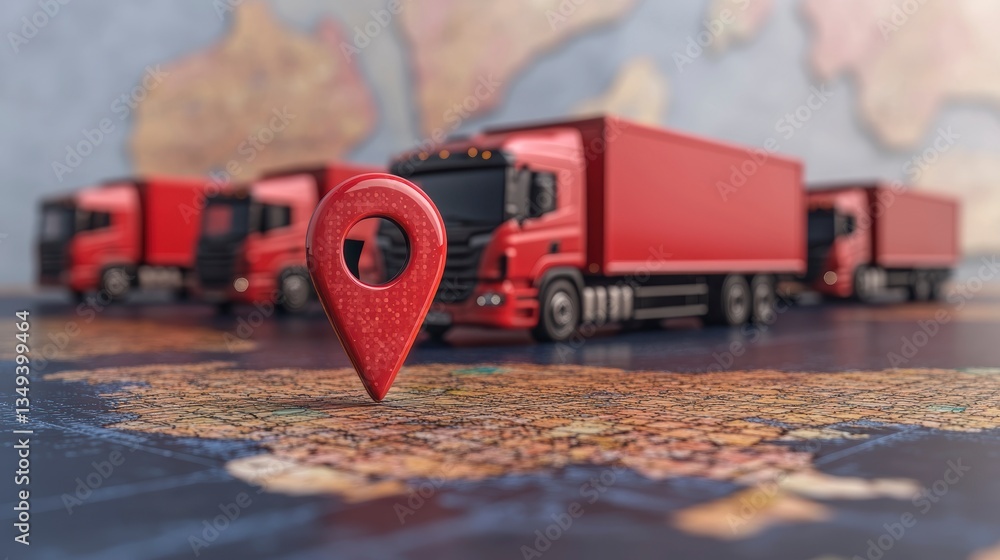 Poster red delivery trucks on a world map with a location pin, signifying global logistics and transportati