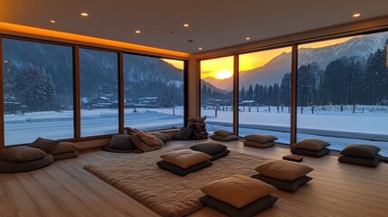 Fototapeta premium Serene sunset view from a room with floor cushions