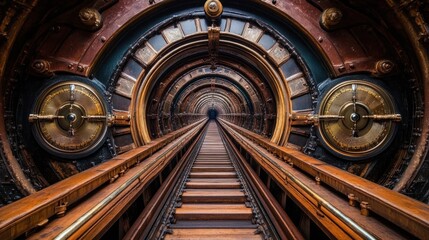 Wooden staircase descending into a circular, mechanical tunnel. Intricate details and symmetrical design