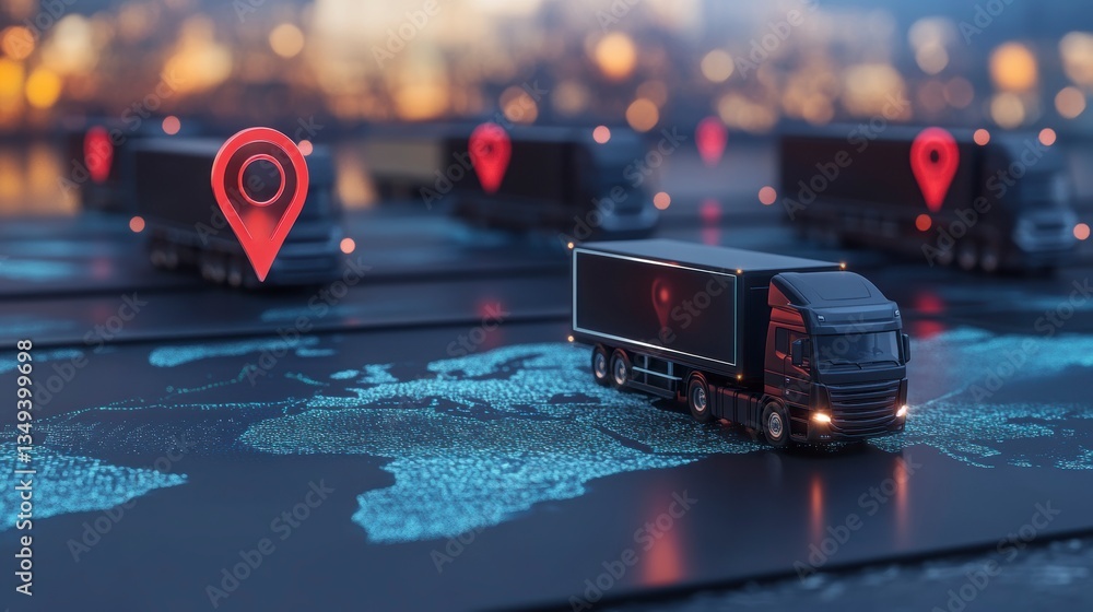 Poster global logistics network with gps tracking of delivery trucks on a world map.