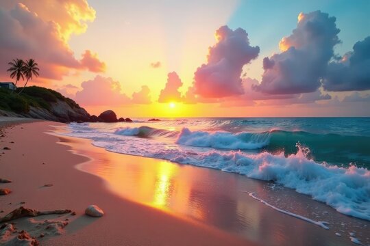 Calidad en la playa, con ondas suaves y un cielo de tonos pastel, luces, luz dorada