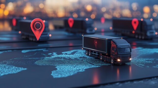 Global logistics network with GPS tracking of delivery trucks on a world map.