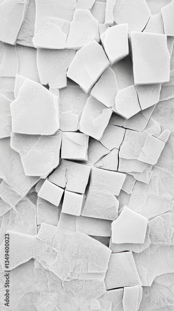 Poster abstract monochrome image of fractured, fragmented white shapes, creating a textured, broken surface