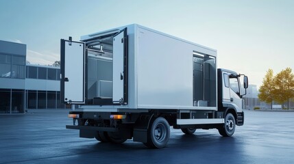 White delivery truck with open rear doors parked in a city lot.