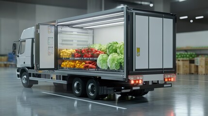 Refrigerated truck with fresh produce inside a warehouse.