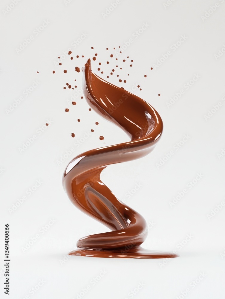 Poster chocolate fluid forming a spiral shape with tiny droplets and pools, against a plain backdrop