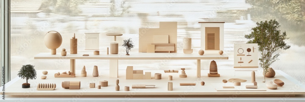 Poster minimalist wooden architectural models displayed on a shelf. various shapes and sizes