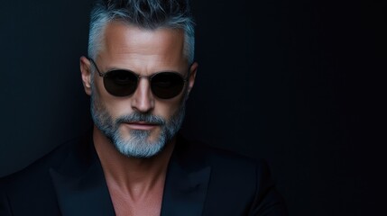 Fototapeta premium Stylish mature man in black suit and sunglasses