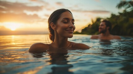 A serene sunset scene featuring a woman enjoying a swim in tranquil waters, exuding calmness and joy alongside a companion.