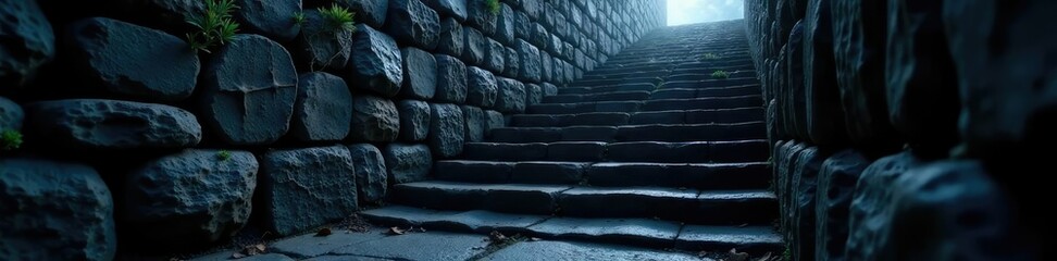 Obraz premium Dark stone staircase descending into darkness, passageway, path, shadow