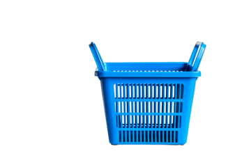 Bright blue plastic laundry basket container, clean, organized, cut out transparent