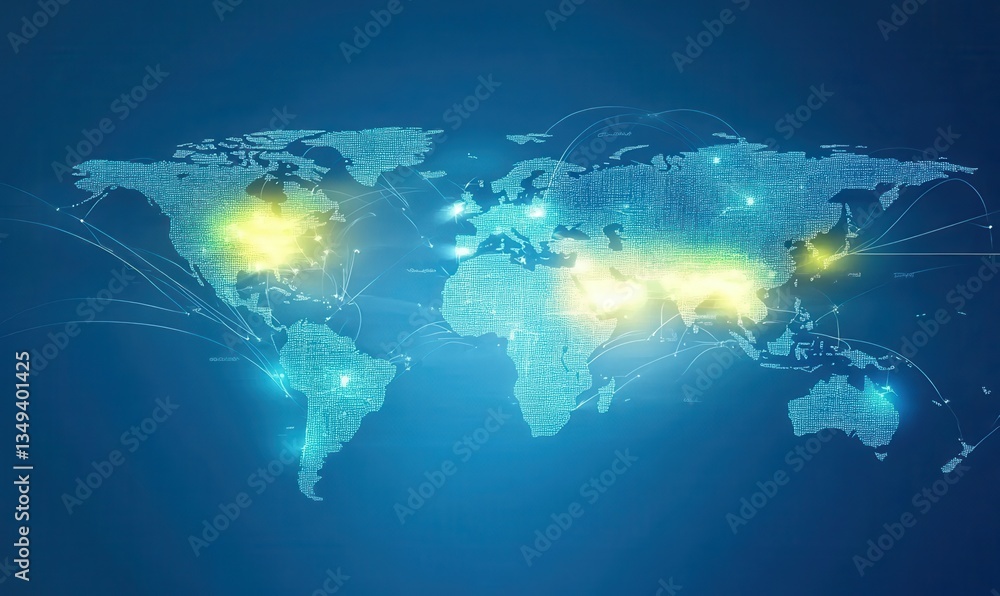 Poster glowing blue world map digital network