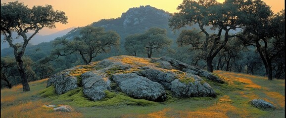 Naklejka premium Sunset illuminates mossy rocks & trees on a hill