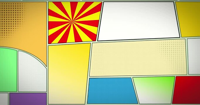 Dynamic comic strip-style background featuring vibrant colors, speech bubbles, and classic action words like 'BAM' and 'SNAP'. The composition resembles a retro comic book layout