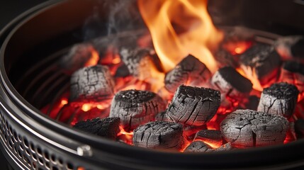 Glowing Charcoal Briquettes in a Black Grill with Bright Orange Flames