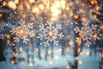 Glowing Crystal Snowflake Ornaments Hanging Against a Blurred Winter Background