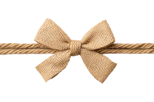 Burlap bow tied with jute rope on black, present , cut out transparent