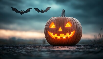 Jackolantern with bats, and Halloween night.